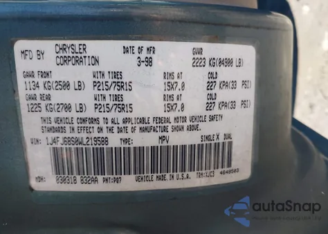 1998 Jeep Cherokee Classic/Sport z USA, uszkodzony, nr VIN 1J4FJ68S0WL219588